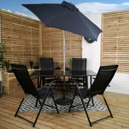 Rackhams Outdoor 4 Person Rectangular Glass Top Garden Patio Dining Table Chairs With Black Parasol and Base Set - Outdoor Furniture Sets - thumbnail 3