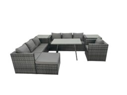 Rackhams Rattan Dining Table Sofa Set with 2 Side Table Big Footstool Outdoor Garden Furniture Set Dark Grey Mixed - thumbnail 2
