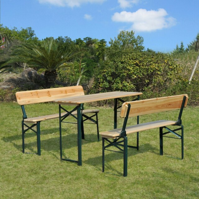 Rackhams 3PC Wooden Garden Picnic Set Patio Dining Table Bench Chair Party - Natural wood colour - Wood, metal - 118 cm x 46 cm x 75 cm - image 1
