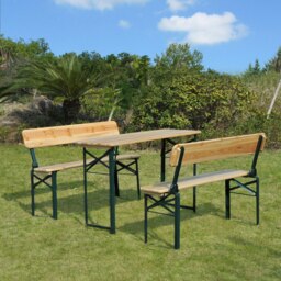 Rackhams 3PC Wooden Garden Picnic Set Patio Dining Table Bench Chair Party - Natural wood colour - Wood, metal - 118 cm x 46 cm x 75 cm