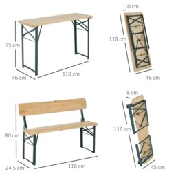 Rackhams 3PC Wooden Garden Picnic Set Patio Dining Table Bench Chair Party - Natural wood colour - Wood, metal - 118 cm x 46 cm x 75 cm - thumbnail 5