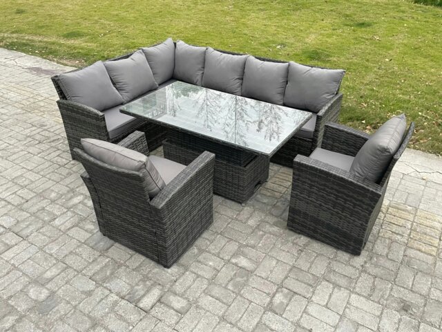 Rackhams Wicker PE Outdoor Rattan Garden Furniture Set Height Adjustable Rising Lifting Table Sofa Dining Set with 2 Armchairs Dark Grey Mixed - image 1