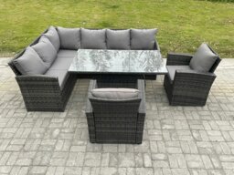 Rackhams Wicker PE Outdoor Rattan Garden Furniture Set Height Adjustable Rising Lifting Table Sofa Dining Set with 2 Armchairs Dark Grey Mixed - thumbnail 2