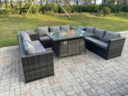 Rackhams Outdoor Rattan Garden Furniture Gas Fire Pit Dining Table Gas Heater Sets Side Tables Dark Mixed Grey 9 Seater - thumbnail 1
