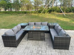 Rackhams Outdoor Rattan Garden Furniture Gas Fire Pit Dining Table Gas Heater Sets Side Tables Dark Mixed Grey 9 Seater - thumbnail 4