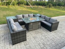 Rackhams Outdoor Rattan Garden Furniture Gas Fire Pit Dining Table Gas Heater Sets Side Tables Dark Mixed Grey 9 Seater - thumbnail 3