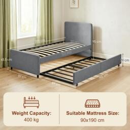 Rackhams 90 x 190 cm Upholstered Single Bed, Pull Out Trundle Bed - Dark Grey - thumbnail 3