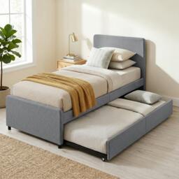 Rackhams 90 x 190 cm Upholstered Single Bed, Pull Out Trundle Bed - Dark Grey - thumbnail 1