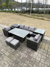 Rackhams Rattan Garden Furniture Adjustable Rising Lifting Dining Table Sofa Set Chairs 2 Side Coffee Tables with 2 Stools - thumbnail 2