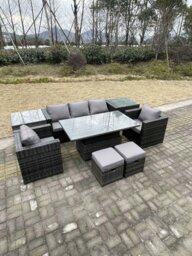 Rackhams Rattan Garden Furniture Adjustable Rising Lifting Dining Table Sofa Set Chairs 2 Side Coffee Tables with 2 Stools - thumbnail 3