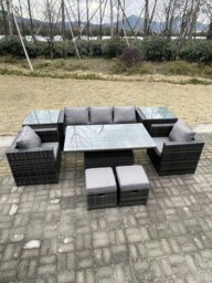 Rackhams Rattan Garden Furniture Adjustable Rising Lifting Dining Table Sofa Set Chairs 2 Side Coffee Tables with 2 Stools - thumbnail 1