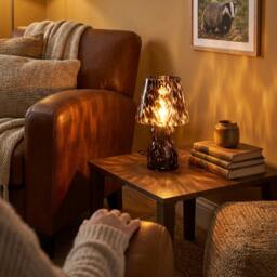 Rackhams Clear Glass Mushroom Table Lamp with Brown Speckle Snowflake Pattern - thumbnail 6