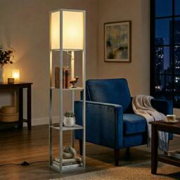 Rackhams Floor Lamp with 3-Tier Storage Shelf for Home Office - Grey