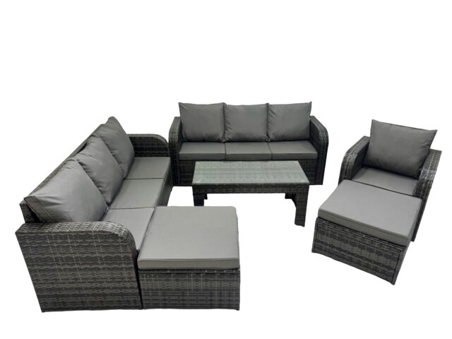 Rackhams Rattan Garden Outdoor Furniture Set 3 Seater Sofa Reclining Chair Coffee Table with 2 Big Footstools Dark Grey Mixed - image 1