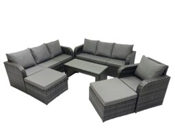 Rackhams Rattan Garden Outdoor Furniture Set 3 Seater Sofa Reclining Chair Coffee Table with 2 Big Footstools Dark Grey Mixed - thumbnail 2