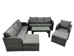 Rackhams Rattan Garden Outdoor Furniture Set 3 Seater Sofa Reclining Chair Coffee Table with 2 Big Footstools Dark Grey Mixed - thumbnail 1