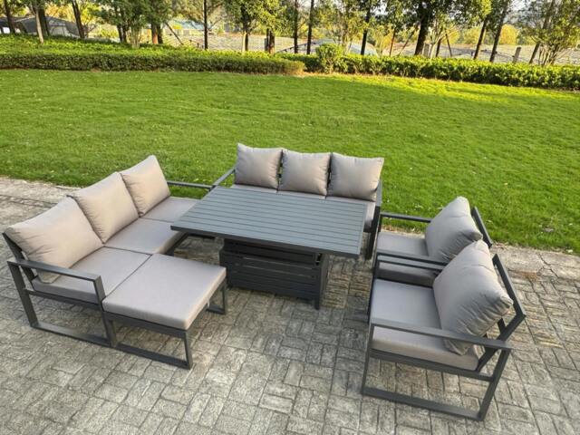 Rackhams 9 Seater Aluminium Garden Furniture Set with Adjustable Rising Dining Table, 2 Chairs, Footstool - Dark Grey - image 1