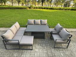 Rackhams 9 Seater Aluminium Garden Furniture Set with Adjustable Rising Dining Table, 2 Chairs, Footstool - Dark Grey - thumbnail 2