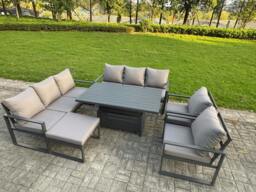 Rackhams 9 Seater Aluminium Garden Furniture Set with Adjustable Rising Dining Table, 2 Chairs, Footstool - Dark Grey - thumbnail 1