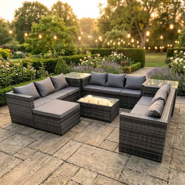 Rackhams 10 Seater Rattan Garden Furniture Set with 3 Sofas, Coffee Table, Footstool & 2 Side Tables- Dark Grey - image 1