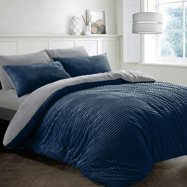 Rackhams Plush Corduroy Teddy Fluffy and Warm Fleece Duvet Cover Set - Navy - King - image 1