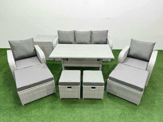 Rackhams PE Rattan Lounge Sofa Set 9 Seater Outdoor Garden Furniture Set with Dining Table 3 Seater Sofa 2 Big Footstools Side Table Light Grey - image 1