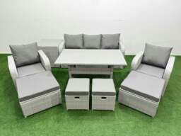 Rackhams PE Rattan Lounge Sofa Set 9 Seater Outdoor Garden Furniture Set with Dining Table 3 Seater Sofa 2 Big Footstools Side Table Light Grey - thumbnail 1