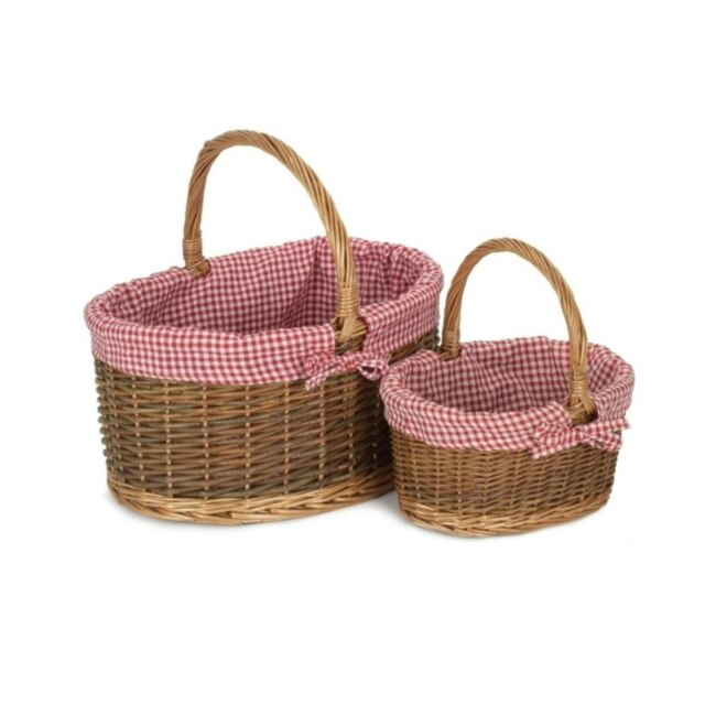 Rackhams Red Checked Lined Country Oval Wicker Shopping Basket - Set of 2