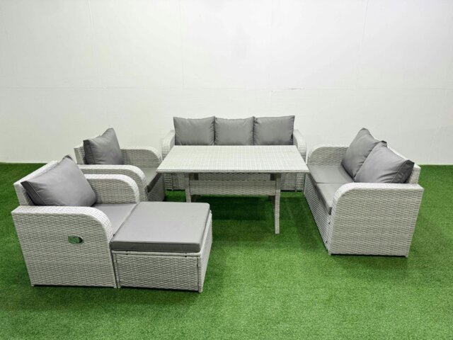 Rackhams PE Rattan Garden Furniture Set Reclining Chair Sofa Double Love Seat 2 Seater Sofa Lounge Set Rectangular Dining Table Big Footstool Light Grey - image 1