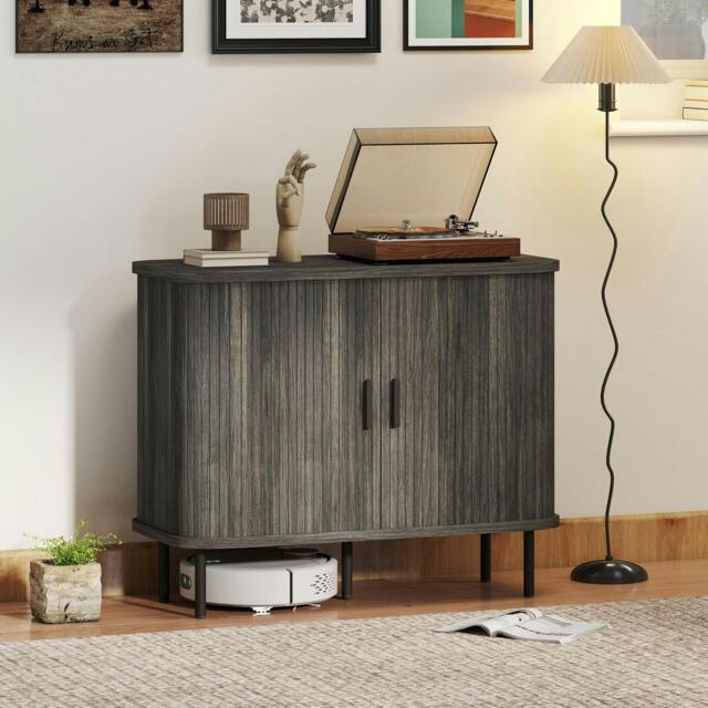 Rackhams Sideboard Storage Cabinet with Slatted Tambour Sliding Doors Grey - Grey - Melamine coated - Sideboard - image 1