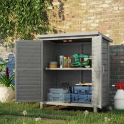 Rackhams Garden Storage Shed Solid Fir Wood Garage Organisation w/ Doors Grey - thumbnail 3