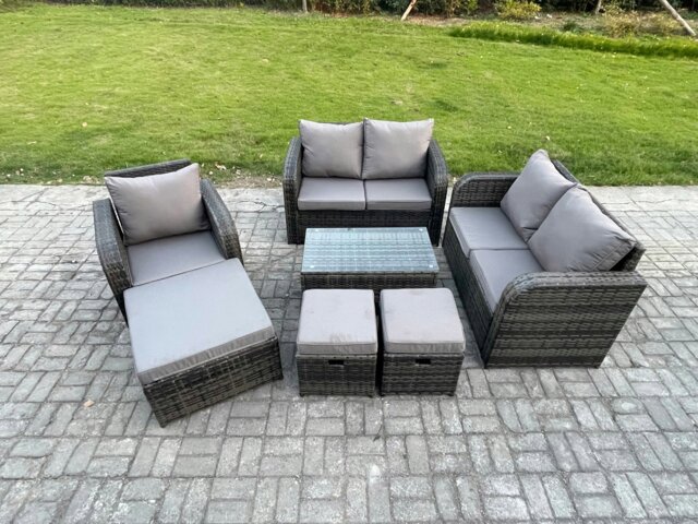 Rackhams High Back Rattan Garden Lounge Sofa Set - Dark Grey Mixed Indoor/Outdoor Patio Furniture with Loveseat & Rectangular Coffee Table - image 1