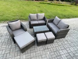 Rackhams High Back Rattan Garden Lounge Sofa Set - Dark Grey Mixed Indoor/Outdoor Patio Furniture with Loveseat & Rectangular Coffee Table - thumbnail 2
