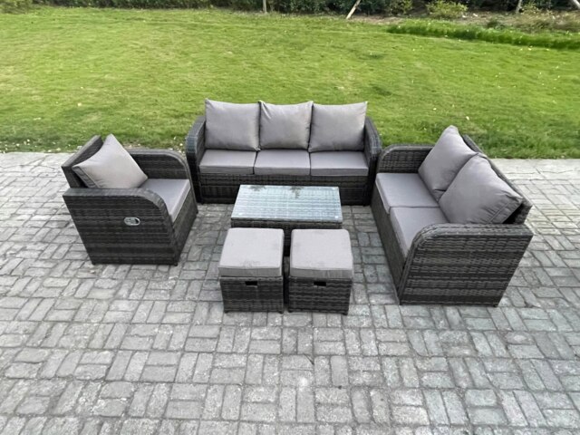 Rackhams Outdoor Garden Furniture Sets 6 Pieces Wicker Rattan Furniture Sofa Sets with Rectangular Coffee Table Loveseat Sofa 2 Small Footstools - image 1