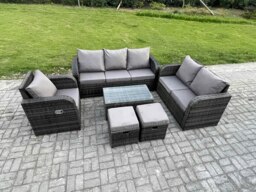 Rackhams Outdoor Garden Furniture Sets 6 Pieces Wicker Rattan Furniture Sofa Sets with Rectangular Coffee Table Loveseat Sofa 2 Small Footstools - thumbnail 2