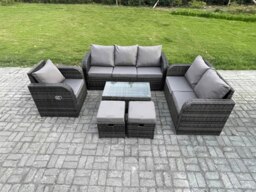 Rackhams Outdoor Garden Furniture Sets 6 Pieces Wicker Rattan Furniture Sofa Sets with Rectangular Coffee Table Loveseat Sofa 2 Small Footstools - thumbnail 1