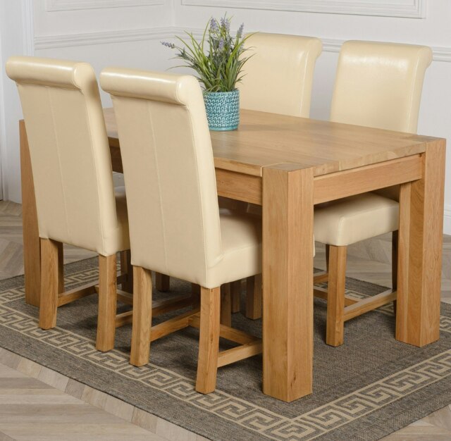 Rackhams Kuba Medium Oak Dining Table with Washington Leather Chairs - 4 chairs - Ivory - image 1
