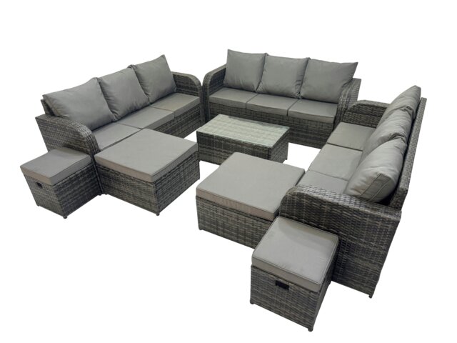 Rackhams Outdoor 3 Seater Sofa Coffee Table Set Garden Rattan Furniture Set 13 Seater with 4 Stools Dark Grey - image 1