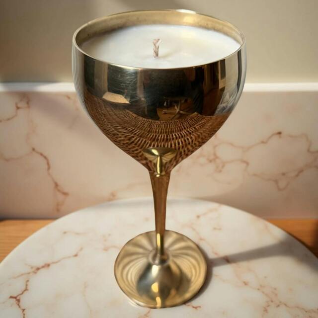 Rackhams Repurposed Vintage Golden Goblet Candles - Sage & Cedarwood with Damson Plum - Sage & Cedarwood with Damson Plum - image 1