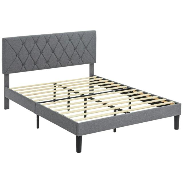 Rackhams Double Bed Frame with 5-Level Adjustable Linen Upholstered Headboard 145W x 196D x 120Hcm, Grey