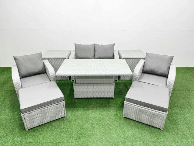 Rackhams 6-Seater Light Grey PE Rattan Sofa Set - Outdoor/Indoor Reclining Chair, Adjustable Coffee/Dining Table, 2 Large Footstools, 2 Side Tables - image 1