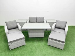 Rackhams 6-Seater Light Grey PE Rattan Sofa Set - Outdoor/Indoor Reclining Chair, Adjustable Coffee/Dining Table, 2 Large Footstools, 2 Side Tables - thumbnail 1
