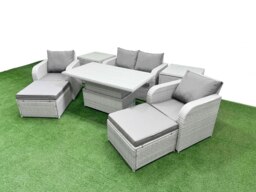 Rackhams 6-Seater Light Grey PE Rattan Sofa Set - Outdoor/Indoor Reclining Chair, Adjustable Coffee/Dining Table, 2 Large Footstools, 2 Side Tables - thumbnail 2