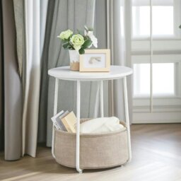 Rackhams Side Table with Removable and Washable Storage Basket Beige