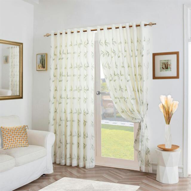 Rackhams Leaf Embroidered Tulle Voile Curtains Ring Top - Green - 147cm width x 137cm drop - image 1