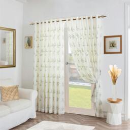 Rackhams Leaf Embroidered Tulle Voile Curtains Ring Top - Green - 147cm width x 137cm drop - thumbnail 1