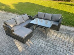Rackhams 7 Seater Garden Furniture Sofa Set Rectangular Dining Table Big Footstool Indoor Outdoor Rattan Set Dark Grey Mixed - thumbnail 2