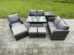 Rackhams 8 Seater Outdoor Garden Dining Sets Rattan Furniture With Dining Table Armchairs Love Sofa 3 Footstools Side Table Dark Grey Mixed - thumbnail 1