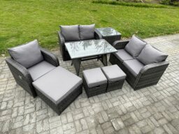 Rackhams 8 Seater Outdoor Garden Dining Sets Rattan Furniture With Dining Table Armchairs Love Sofa 3 Footstools Side Table Dark Grey Mixed - thumbnail 2