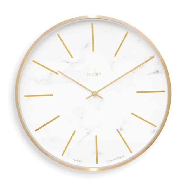Rackhams Luxe Wall Clock Quartz Brushed Metal Embossed Golden Batons Brass Hands Light Marble 40cm